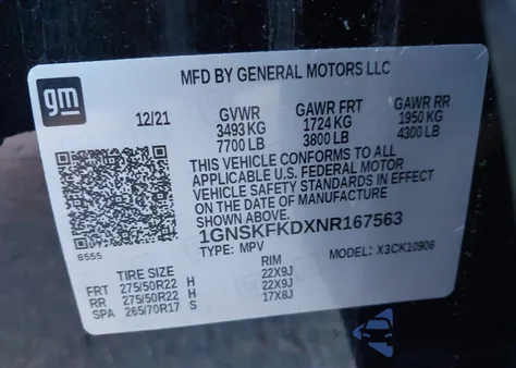 2022 Chevrolet Suburban 4Wd Premier z USA, uszkodzony, nr VIN 1GNSKFKDXNR167563